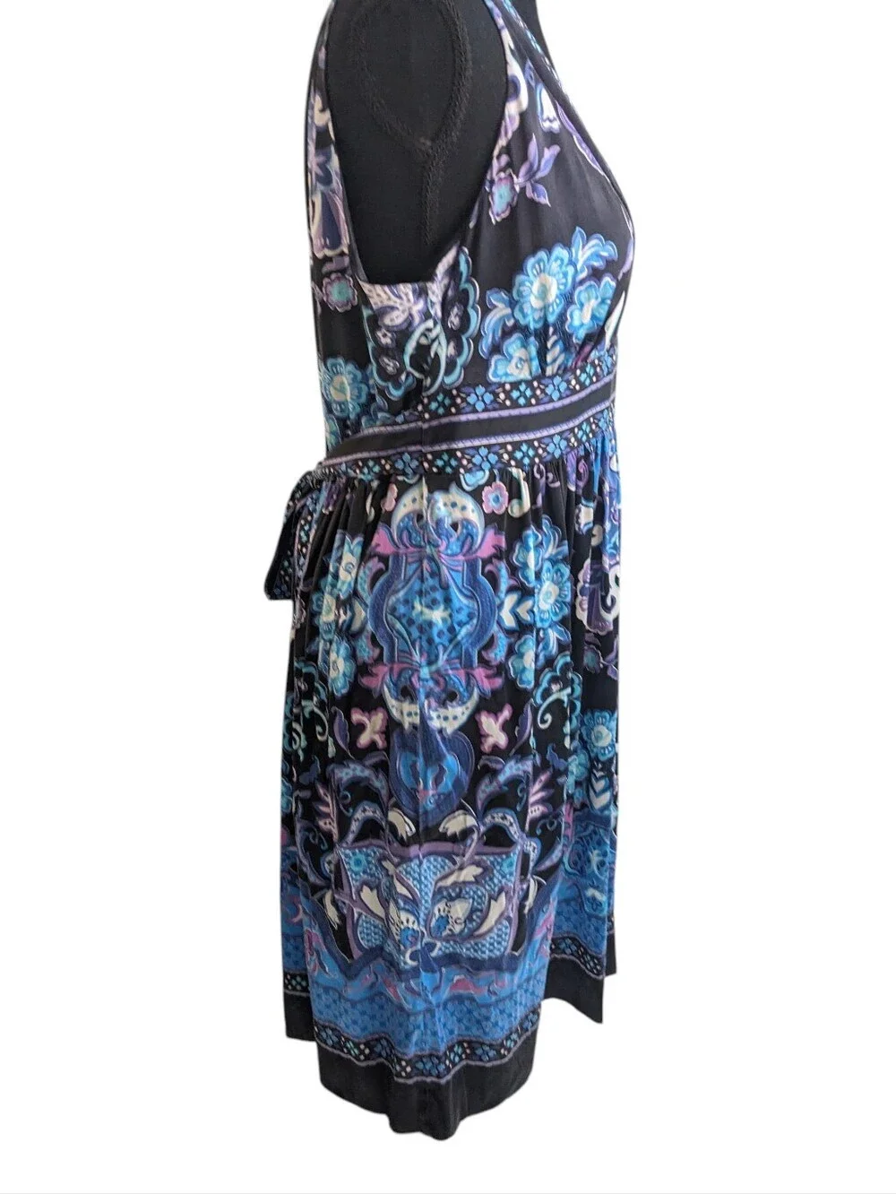 ECI Black V-Neck Midi Dress with Blue & Purple Floral Border Silk Blend  Size12 - Picture 3 of 12